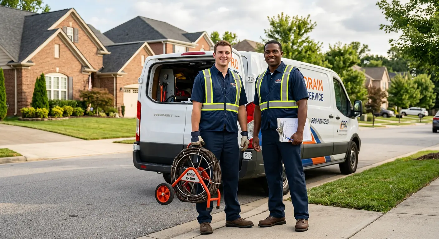 Sewer and drain service team with equipment ready for work in Buffalo