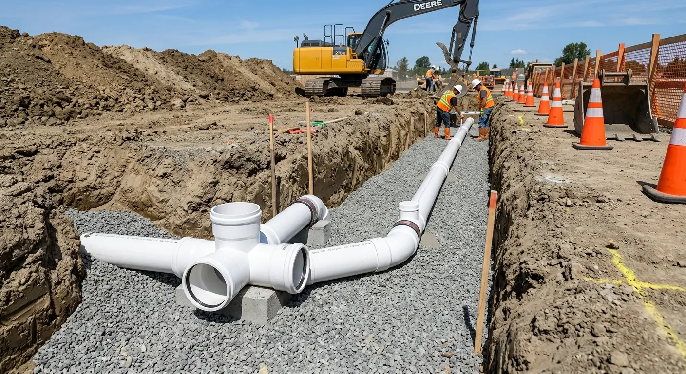 New PVC sewer pipe installation in open trench for Commercial Drain Cleaning in Buffalo