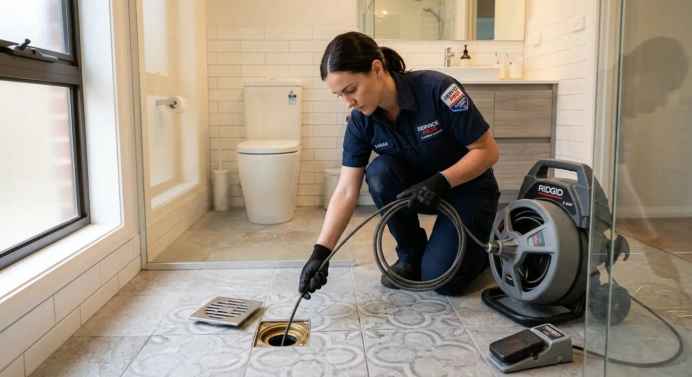 Technician clearing a bathroom floor drain for Sewer Line Installation in Buffalo